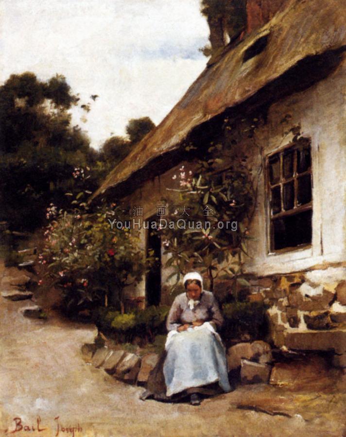 Woman Sewing In Front Of Her Cottage - 克洛德·约瑟夫·贝勒